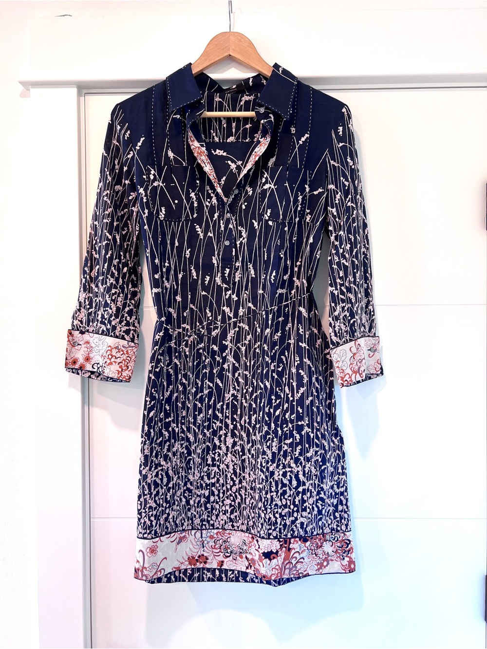 Elie Tahari Silk Cotton Long Sleeve Shirt Dress, Navy 8
